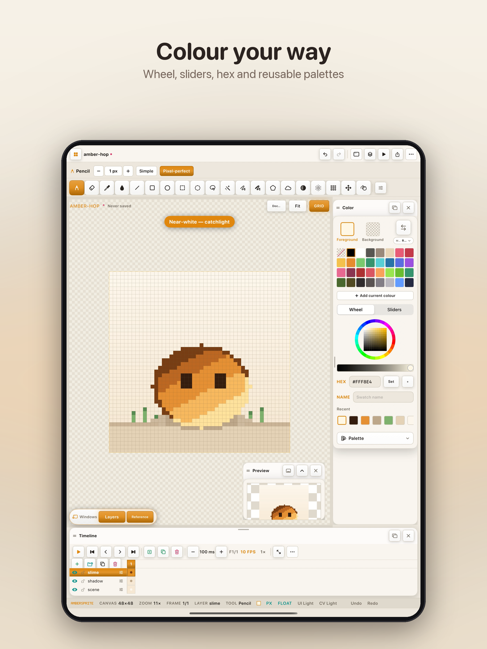 Ambersprite's colour wheel, sliders and palette panel